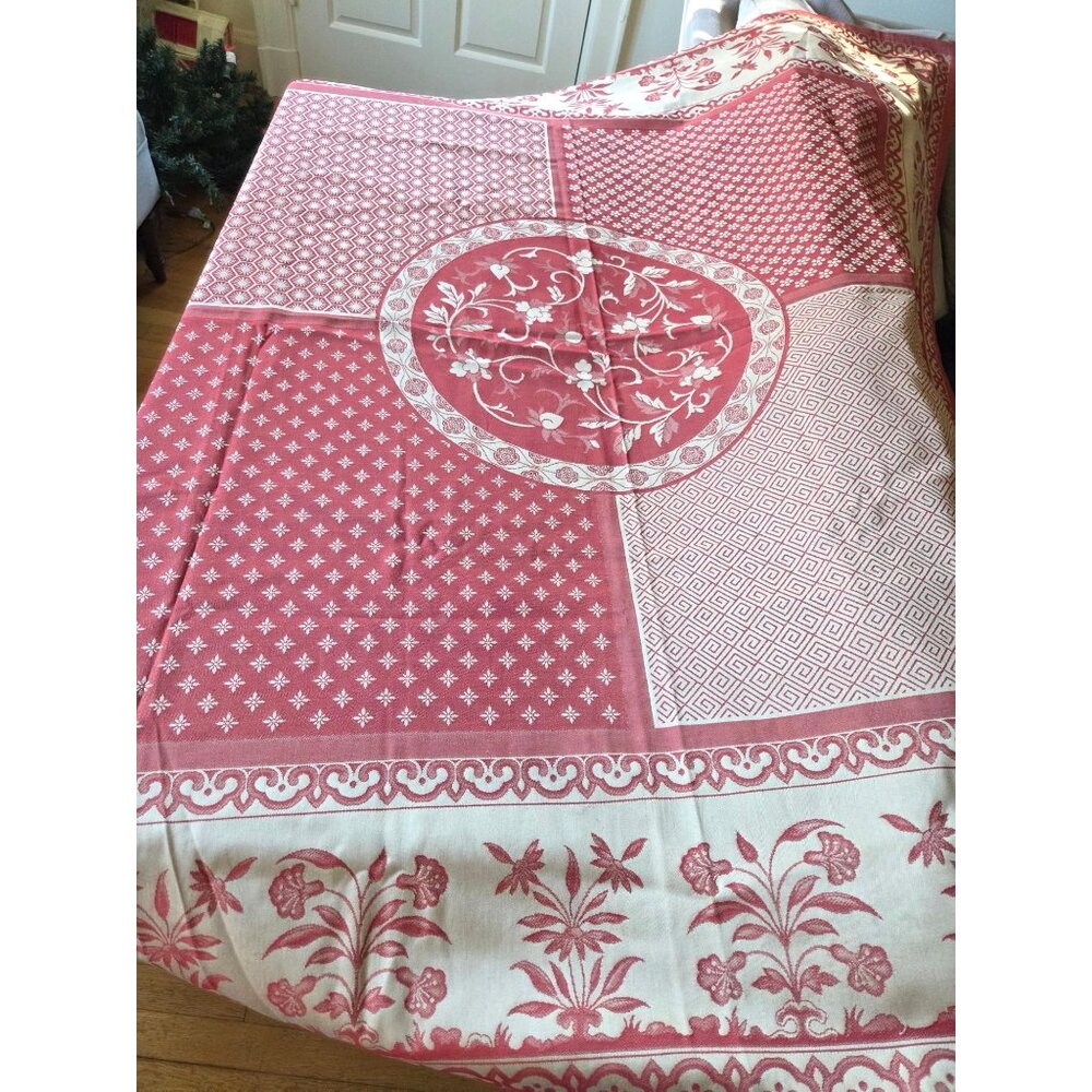 Jose Houel Paris French Jacquard Provence Red Cream Floral Tablecloth 68x68 - Picture 2 of 7